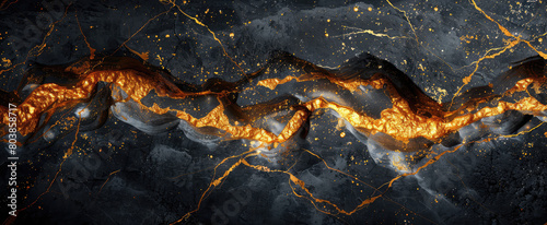 Black marble background with golden veins, with golden lines and textures that resemble flames or lightning bolts. Created with Ai © stock