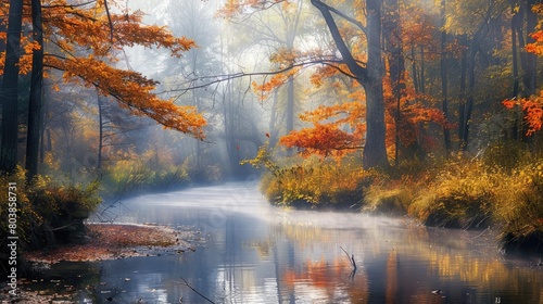 A tranquil river winding through a mist-covered forest on a crisp fall morning.