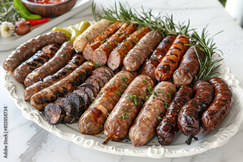 A white plate with a variety of sausages and herbs