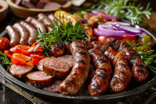 A plate of grilled meat and vegetables, including sausages, peppers, onions
