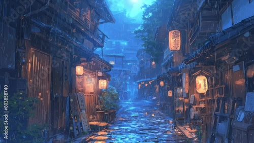 Traditional Japanese house street. Rainy old asian village. Lofi loop anime style animation background video.	