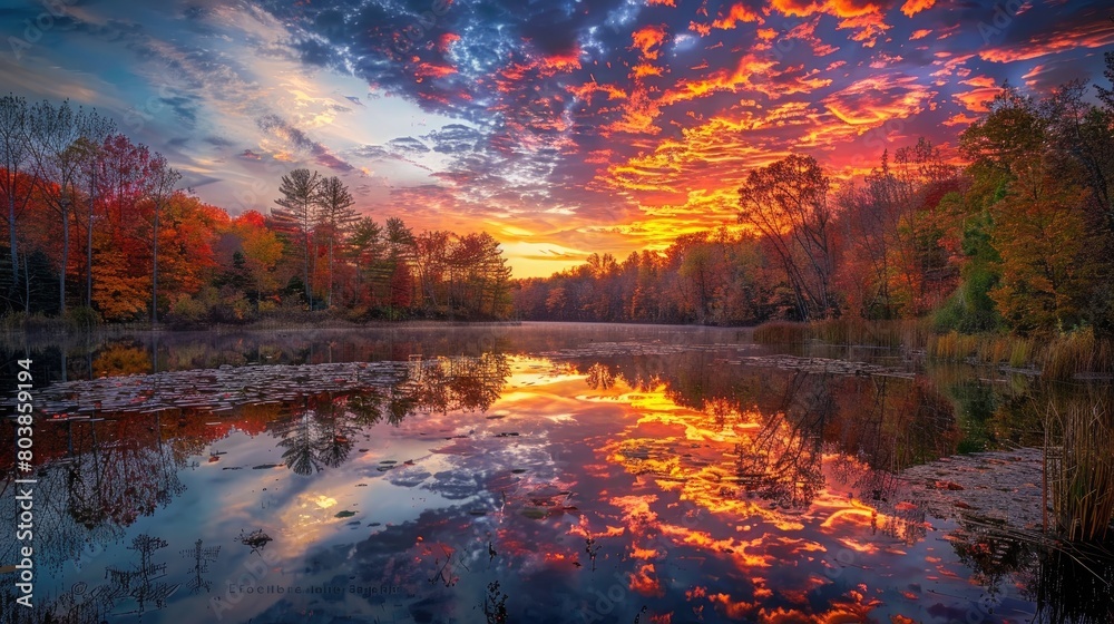 A tranquil pond reflecting the fiery colors of a fall sunset in its still waters.