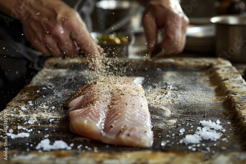 A man is seasoning a fish fillet with salt and pepper