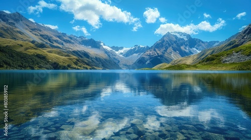 A tranquil lake reflecting a clear blue sky, surrounded by majestic mountains.