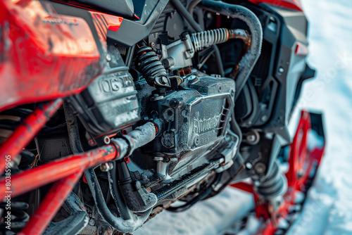 A red snowmobile with a black engine