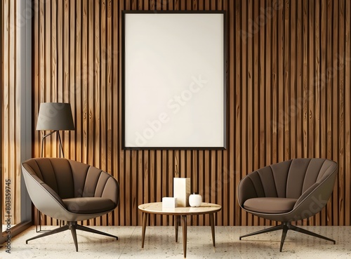 Wooden wall with vertical paneling and white frame mockup