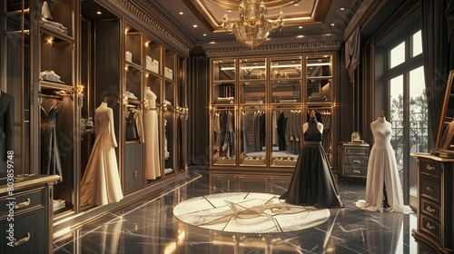 This is the interior of a large and luxurious clothing store. There are several mannequins dressed in evening gowns, and the walls are lined with racks of clothing. The floor is made of marble, and th