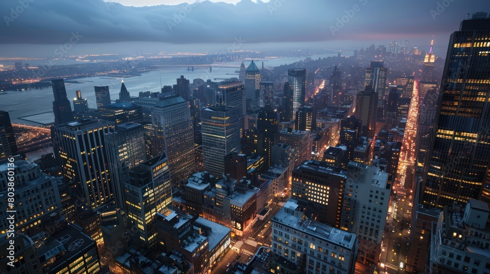 As the last rays of sunlight fade into the horizon, the city below awakens with a kaleidoscope of colors, its towering skyscrapers casting long shadows across the landscape.