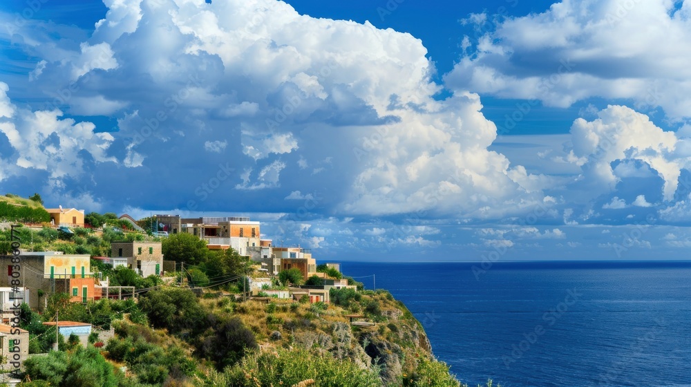 beautiful view of coastal village on hill with sea with houses and bright blue clouds