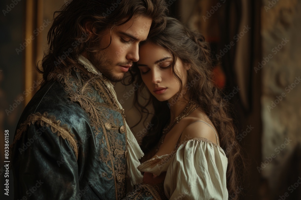 Capturing passion in the renaissance, victorian, and baroque era: a timeless love story portrayed by a couple in vintage attire, embracing the elegance, romance, and nostalgia of historical periods.