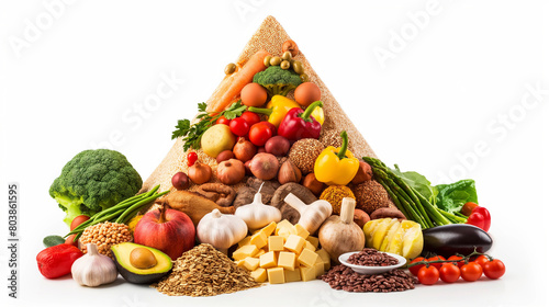 a pyramid of fruits and vegetables on a white background High quality