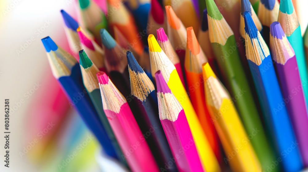 Close-up shots showcase colorful pencil tips and their arrangement, emphasizing diverse textures and hues.
