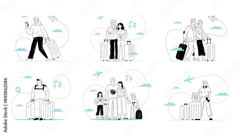 A collection of outlined illustrations of mixed people with luggage, tourists waiting for departure and travel. A family, a couple, a single passenger, a woman with a pet, a couple of pensioners. A collection of outlined illustrations of mixed people with luggage, tourists waiting for departure and travel. A family, a couple, a single passenger, a woman with a pet, a couple of pensioners.