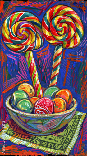A mid century pop art poster of a candy dish. Pastel coloring throughout.