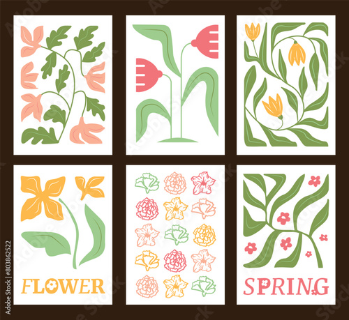 A collection of different minimalistic poster with a figured flower and leaves in soft colors. Artworks for interior decoration.