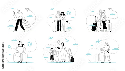 A collection of outlined illustrations of mixed people with luggage, tourists waiting for departure and travel. A family, a couple, a single passenger, a woman with a pet, a couple of pensioners.