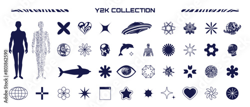 A collection of diverse retro-futuristic elements for y2k-style design. Abstract, geometric shapes, silhouettes of the human body.