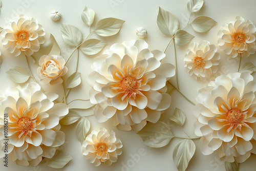 3D wall mural  beige and white flowers. Created with Ai