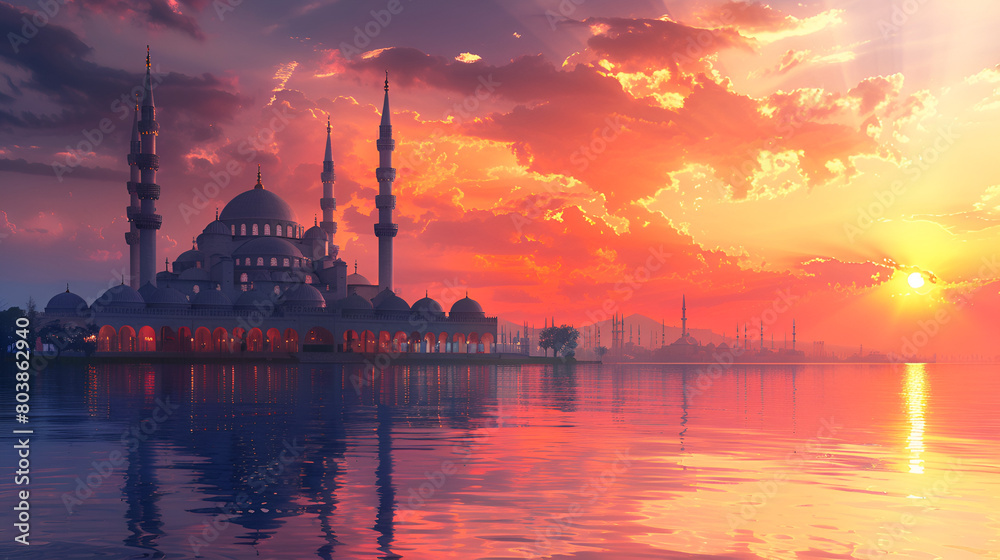 Fototapeta premium Beautiful sunset over the mosque in Abu Dhabi, United Arab Emirates