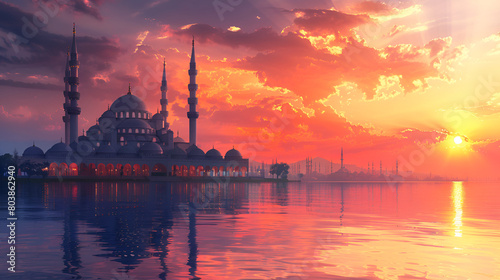Beautiful sunset over the mosque in Abu Dhabi, United Arab Emirates 