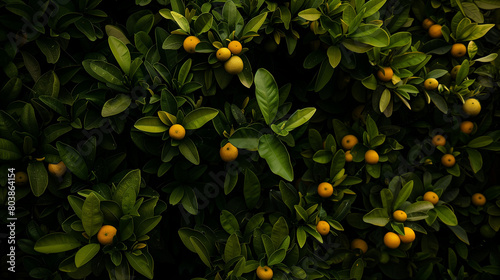 Oranges/tangerines thrive among lush, leafy branches.