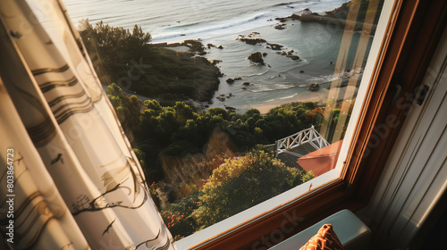 From the window, one can see the sea and surrounding landscapes from above. The warm morning light drenches the scenery in a soft golden glow, imparting a sense of peace and tranquility.