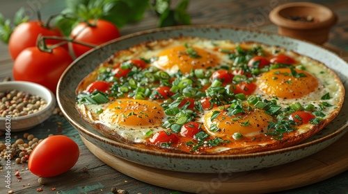 Shakshuka in a Ceramic Dish. Traditional shakshuka with poached eggs, fresh tomatoes, and herbs in a rustic setting.