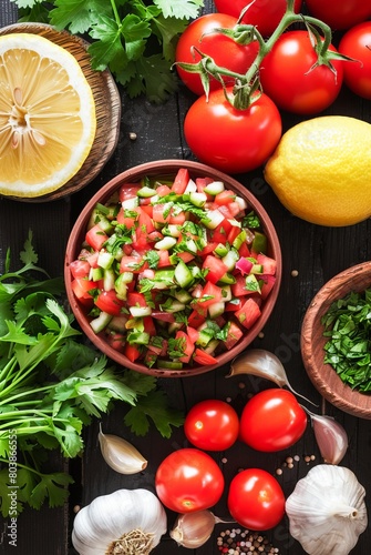 Fresh Homemade Tomato Salsa in Wooden Bowl Among Ingredients on Rustic Table