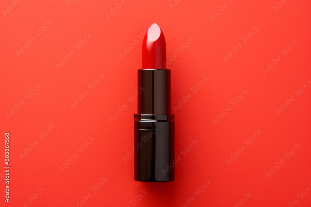 red lipstick on a flat red background, top view. flat layout. cosmetics banner.
