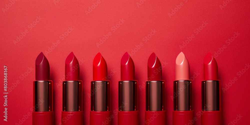 red lipsticks of various shades in a row. cosmetics background, banner. red lipsticks of various shades in a row. cosmetics background, banner.