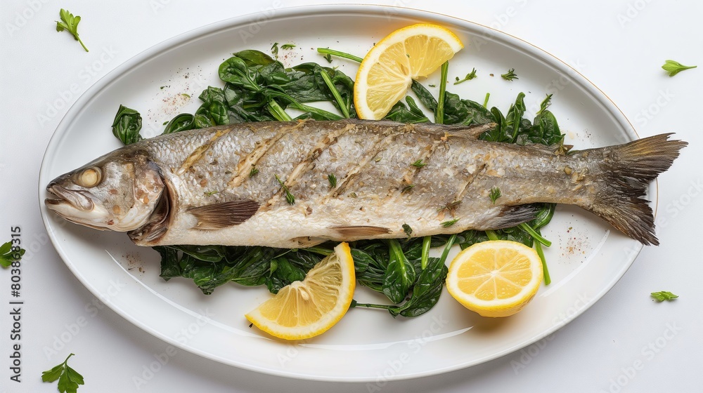 Semanch outline on white plate with lemon and spinach,  photograph of fresh fish.