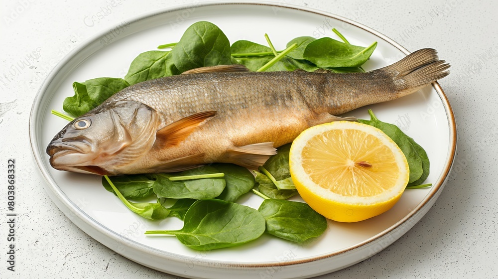 Semanch outline on white plate with lemon and spinach, photograph of fresh fish. Semanch outline on white plate with lemon and spinach, photograph of fresh fish.