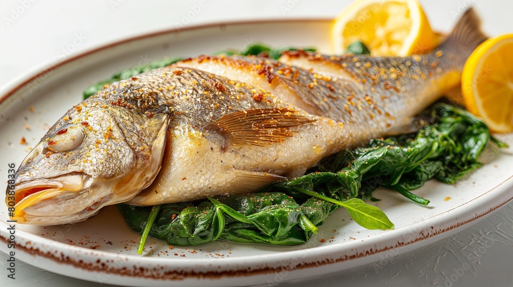 Positioned on an oval white plate, a complete fish is accompanied by lemon slices and spinach, photographed from above against a clear background, resulting in a realistic image with natural lighting. Positioned on an oval white plate, a complete fish is accompanied by lemon slices and spinach, photographed from above against a clear background, resulting in a realistic image with natural lighting.