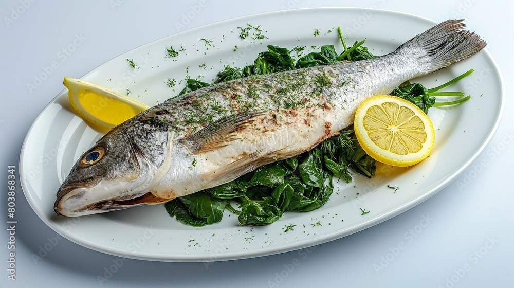 Positioned on an oval white plate, a complete fish is accompanied by lemon slices and spinach, photographed from above against a clear background, resulting in a realistic image with natural lighting. Positioned on an oval white plate, a complete fish is accompanied by lemon slices and spinach, photographed from above against a clear background, resulting in a realistic image with natural lighting.