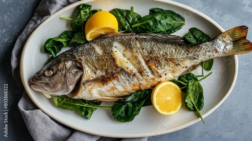 A white plate holds a complete fish alongside lemon slices and spinach, viewed from above against a tidy background, producing a natural-looking photo with ample lighting.