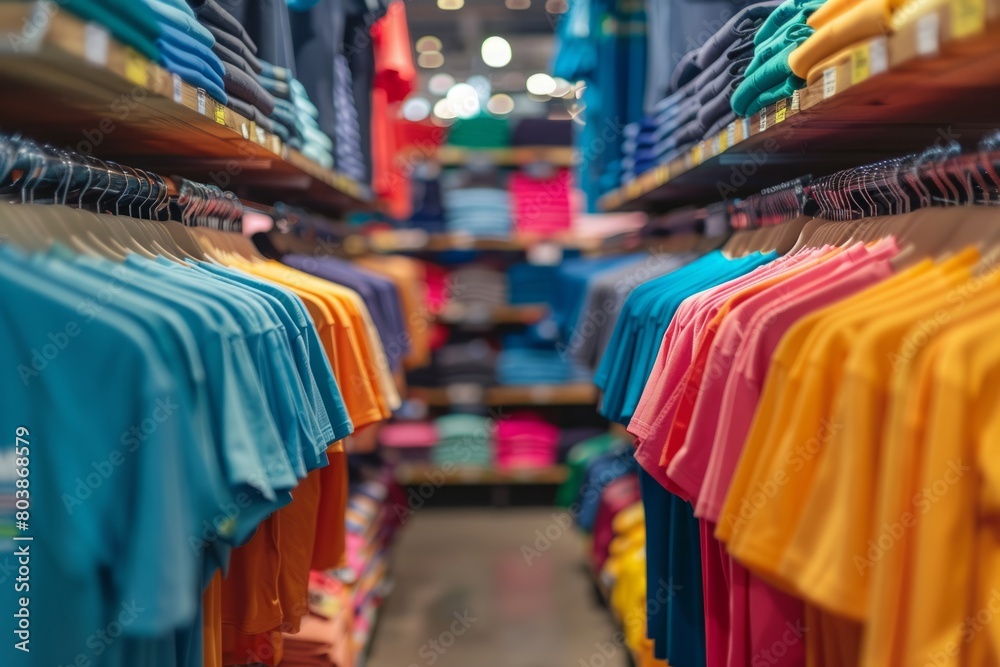 hangers in the clothing store, colored T-shirts and casual clothes. selective focus.