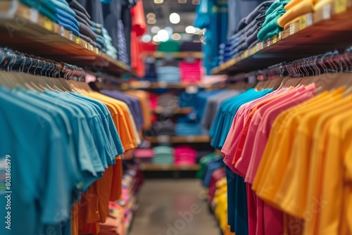 hangers in the clothing store, colored T-shirts and casual clothes. selective focus. © Elena