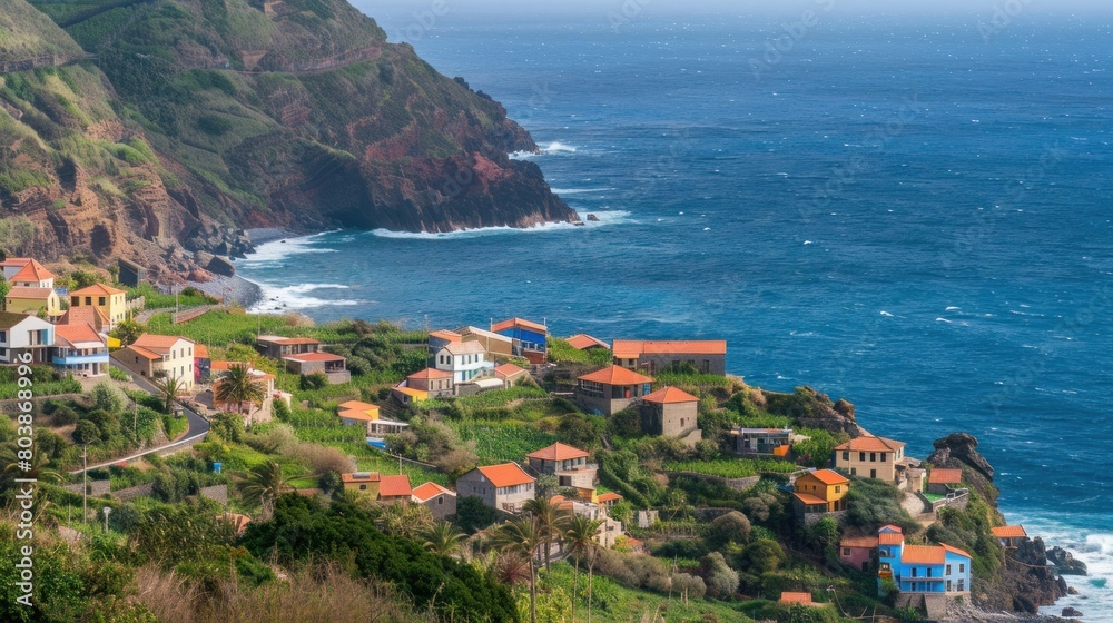 Naklejka premium beautiful view of coastal village on hill with sea with houses and bright blue clouds