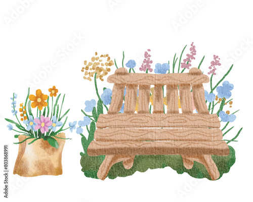 Watercolor Floral Bench Illustration and Flower in Pot