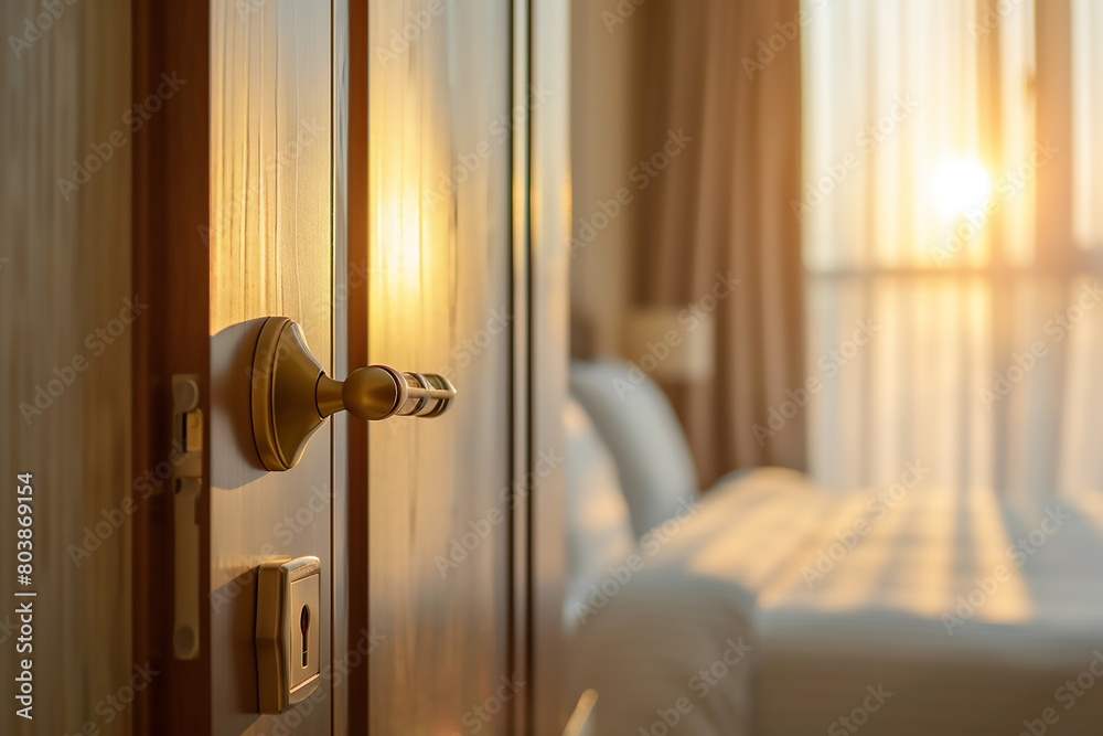 close up hotel room door with digital lock and blurred background of bed in the luxury modern bedroom, sunshine through window