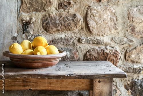 Fresh Lemons in a Rustic Wooden Bowl on a Rough Wooden Table © Olena Rudo