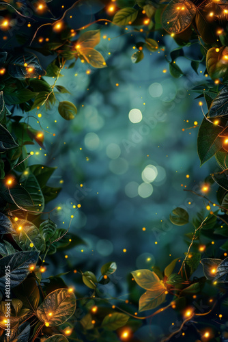 Beautiful fairy lights pattern with leaves around the frame with blank center for background 