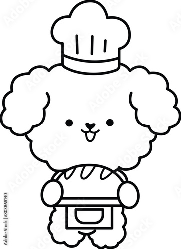 a vector of a cute poodle baking a bread in black and white colouring