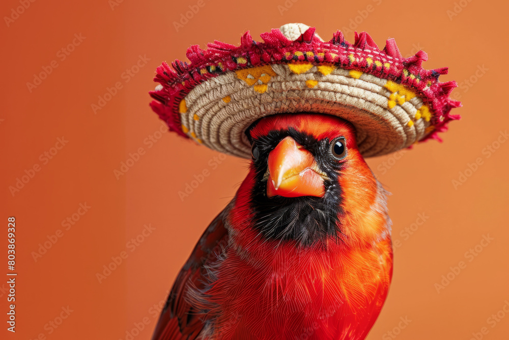 a cardinal bird dressed in mexican sombrero hat and clothing studio shot