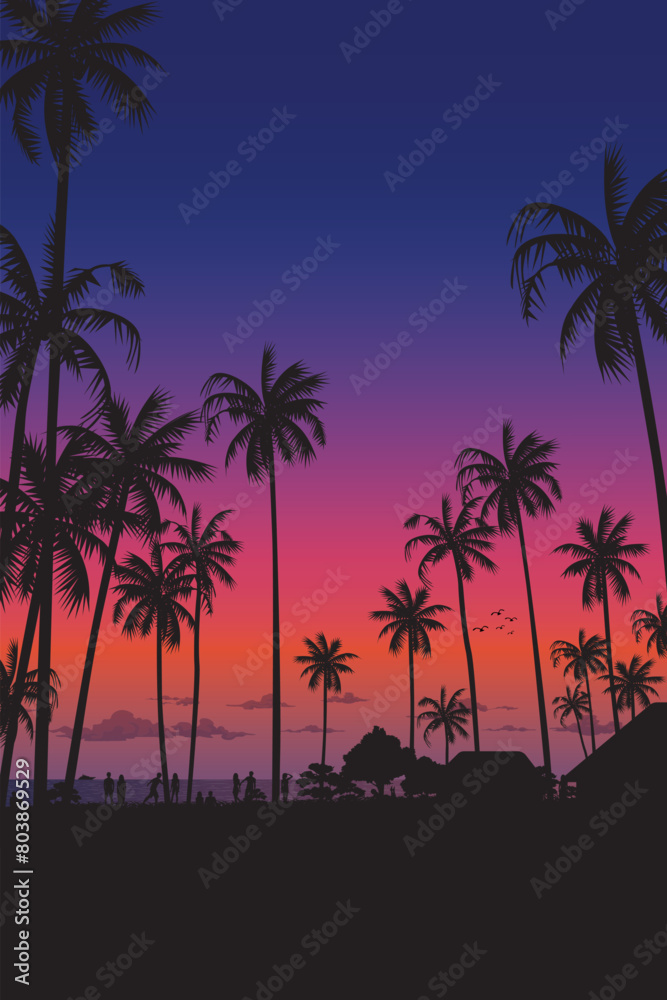 Silhouetted coconut palm trees at the beach with dramatic sky vertical background vector illustration. Summer traveling and party at the beach concept flat design with blank space.