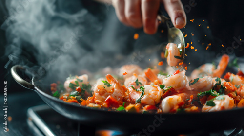 A person is cooking shrimp in a pan on a gas stove in the kitchen. This dish is being prepared using ingredients and cookware to create a delicious seafood cuisine recipe