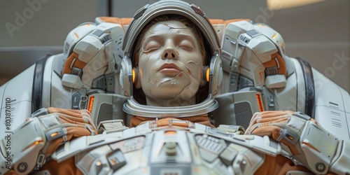 Astronaut in spacesuit with helmet on is sleeping in futuristic hibernation pod photo