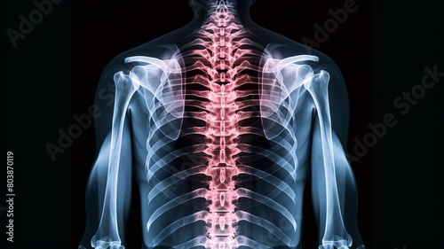 Detailed X-ray image of a human torso, focusing on the spine and rib cage, showcasing the intricate structure of bones in medical imaging.