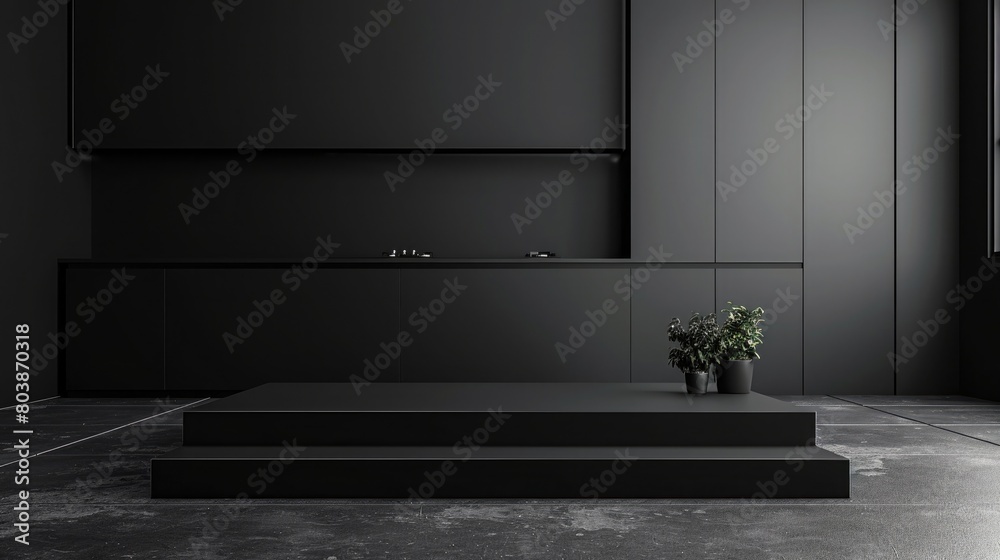 A sleek, black podium, with a modern design, set against a backdrop of a minimalist, black kitchen. A sleek, black podium, with a modern design, set against a backdrop of a minimalist, black kitchen.