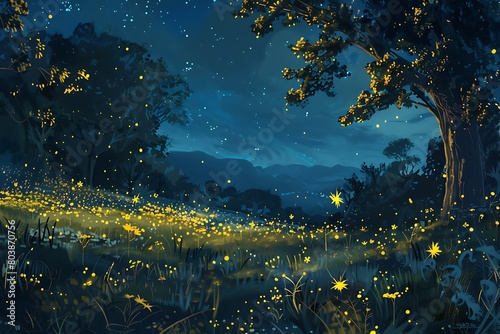 A night landscape illuminated by the glow of fireflies.